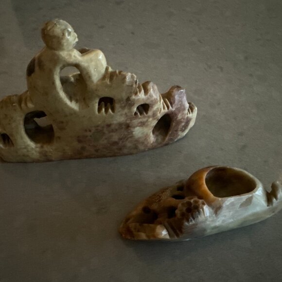 Antique Chinese Shoushan Soapstone Carvings Ink Pot Monkey Bird Sculpture - Picture 7 of 9